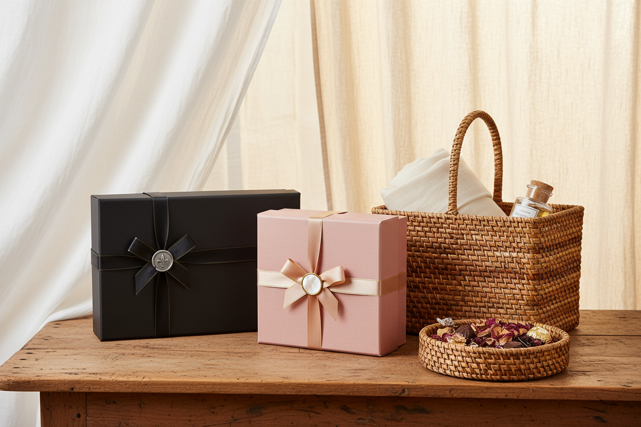 2 coffrets cadeaux noir et rose posés avec 2 panier osier sur une table en bois , theme artisanal luxe et en fon d'écran on voit des voilages rideaux blanc mousseline 