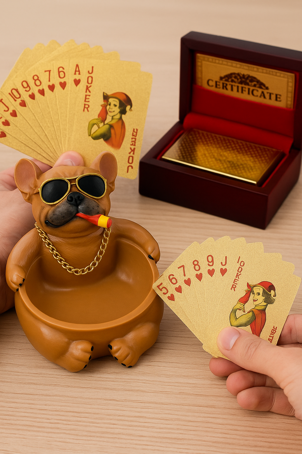 N19 Coffret As de Pique– Cendrier Bulldog Stylé & Jeu de Cartes doré luxe