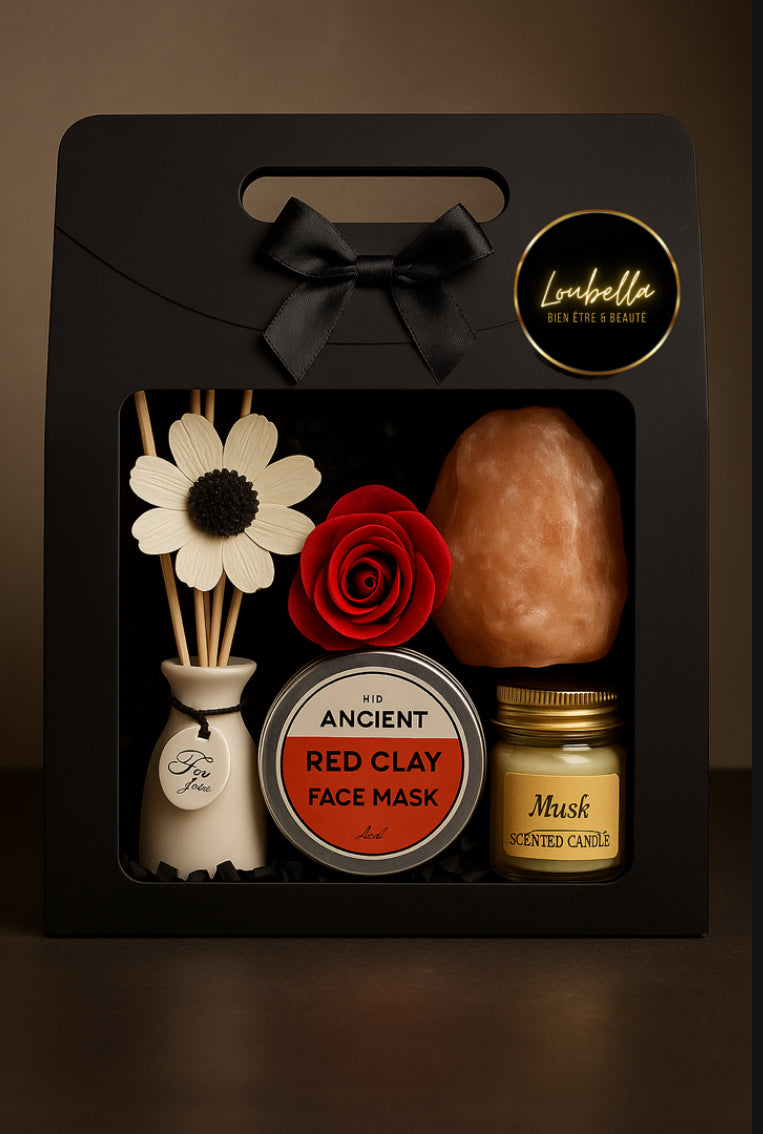 Coffret Cadeau bien être Loubella.fr- Lampe de sel, Masque argile rouge, Diffuseur parfum, Bougie MUSK, Rose pétales Savon